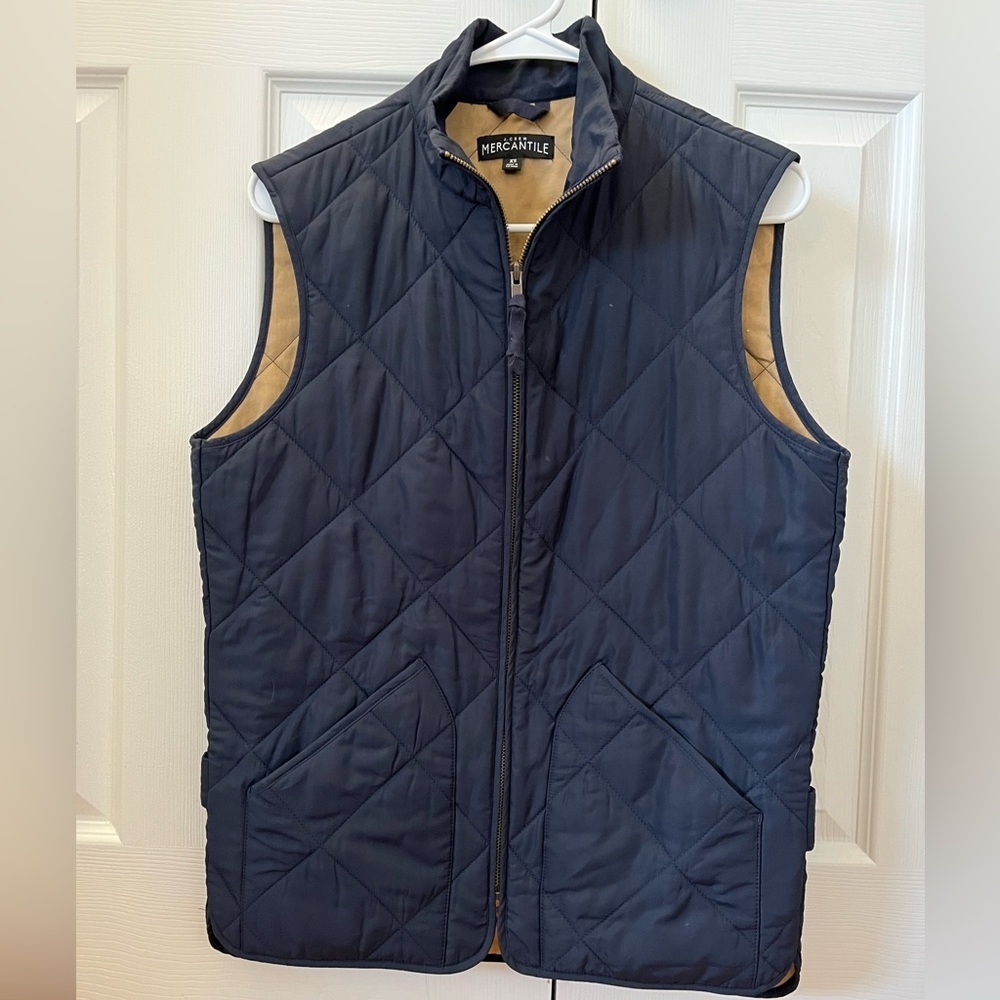 J Crew Mens Quilted Vest Dark Blue Tan Size XS